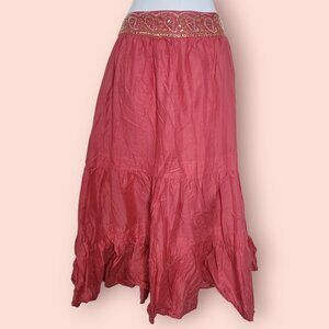 metro 7 boho coral tiered sequin beaded midi skirt size 12 fairy, gypsy, cottage